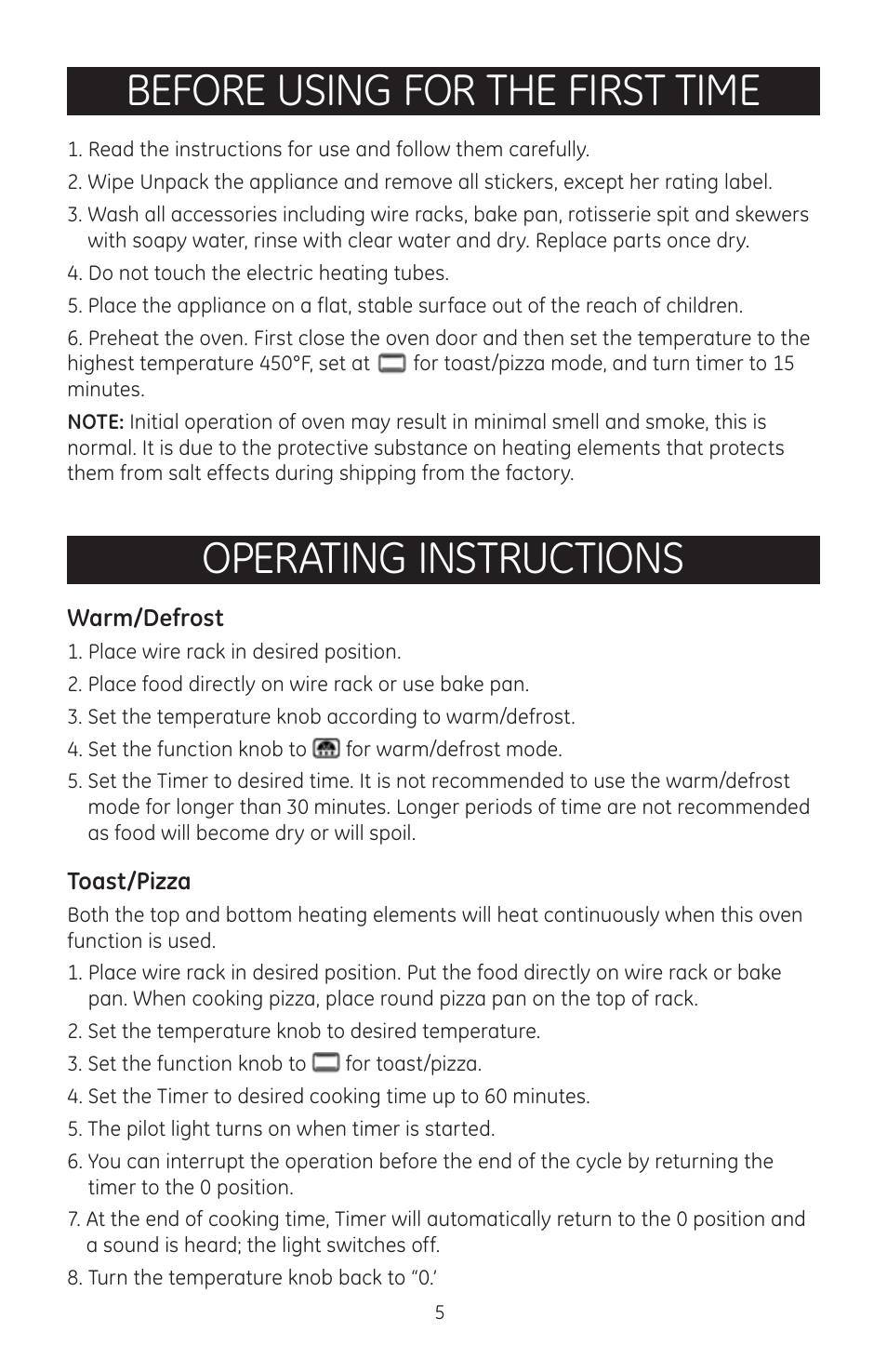 Before using for the first time, Operating instructions | GE 169074 User Manual | Page 5 / 9