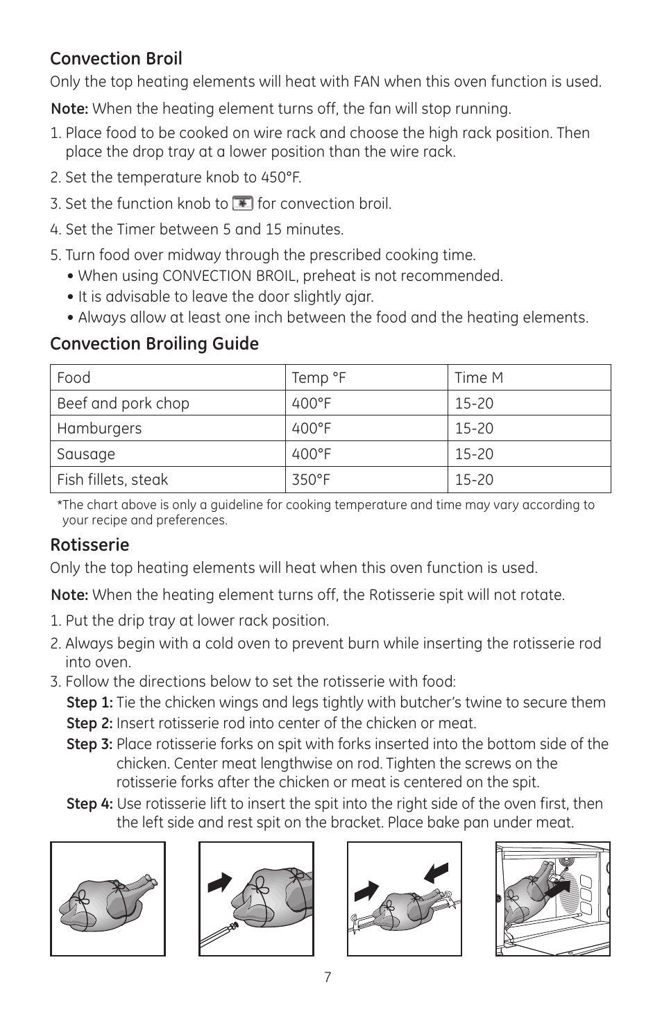 Convection broil, Convection broiling guide, Rotisserie | GE 169074 User Manual | Page 7 / 9