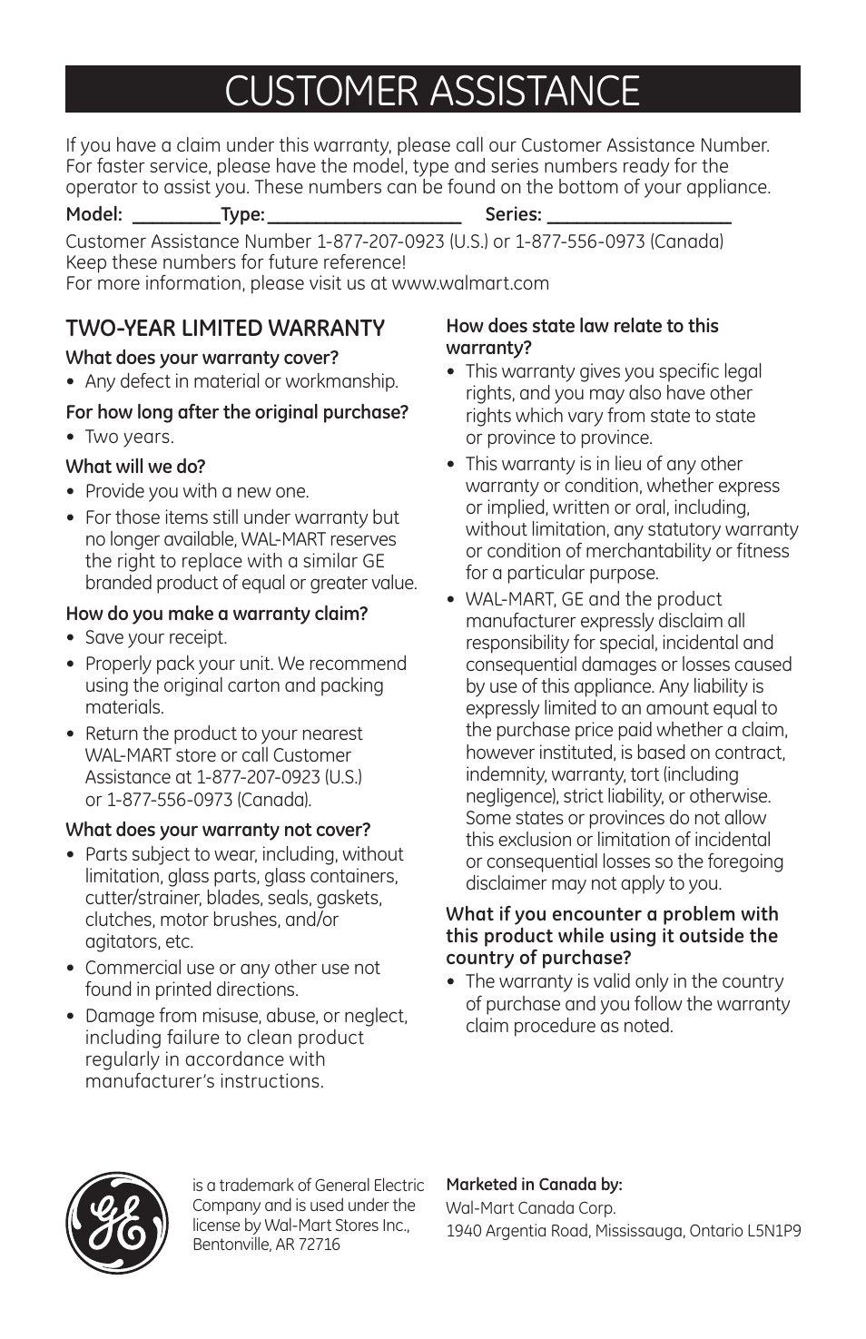 Customer assistance, Two-year limited warranty | GE 169074 User Manual | Page 9 / 9