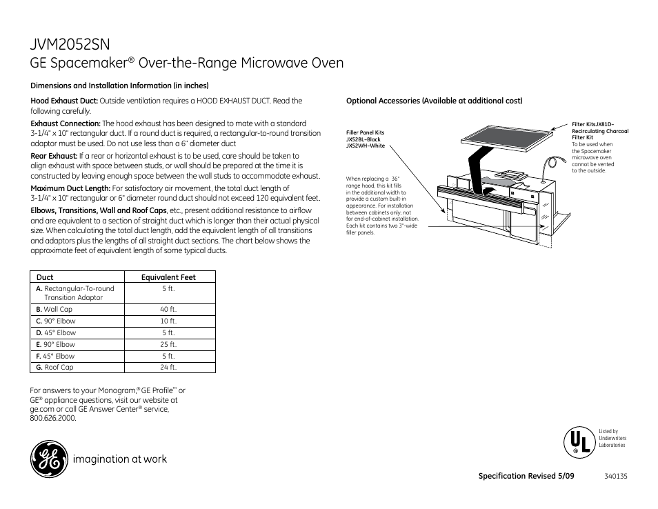 Jvm2052sn, Ge spacemaker, Over-the-range microwave oven | GE Profile JVM2052SN User Manual | Page 2 / 3