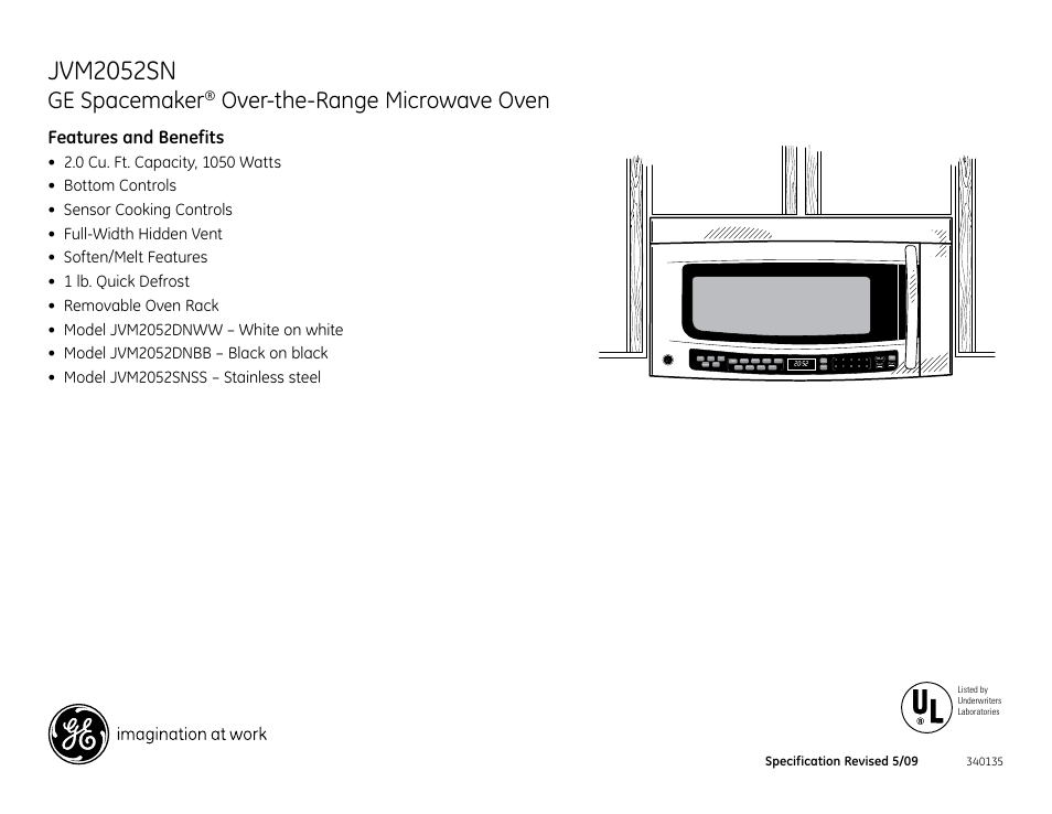 Jvm2052sn, Ge spacemaker, Over-the-range microwave oven | Features and benefits | GE Profile JVM2052SN User Manual | Page 3 / 3