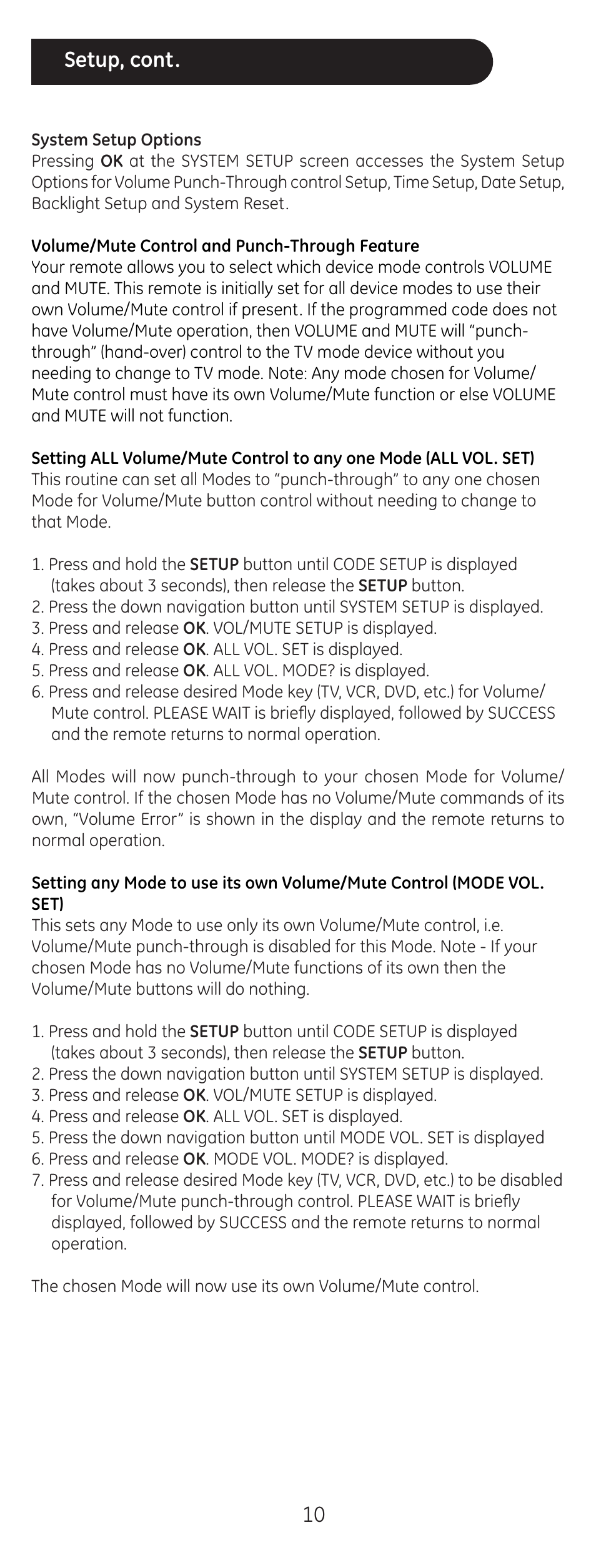 Setup, cont | GE 24999 User Manual | Page 10 / 21