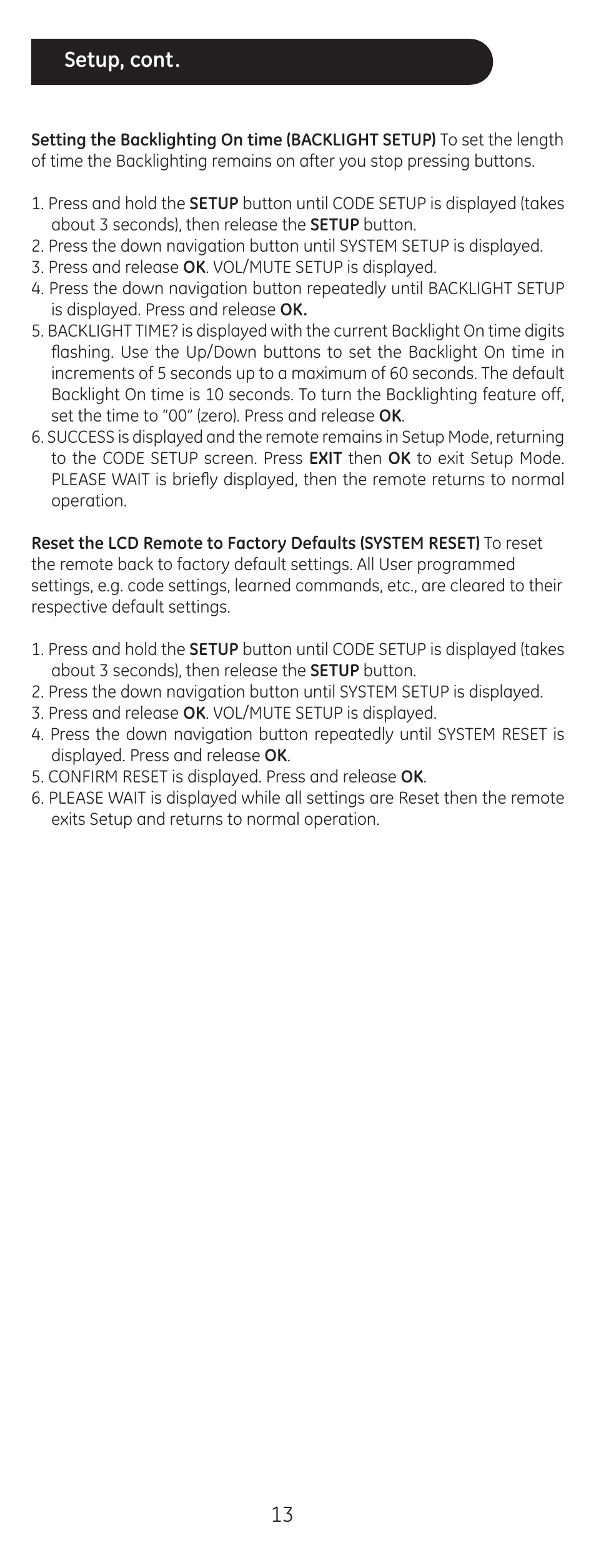 13 setup, cont | GE 24999 User Manual | Page 13 / 21