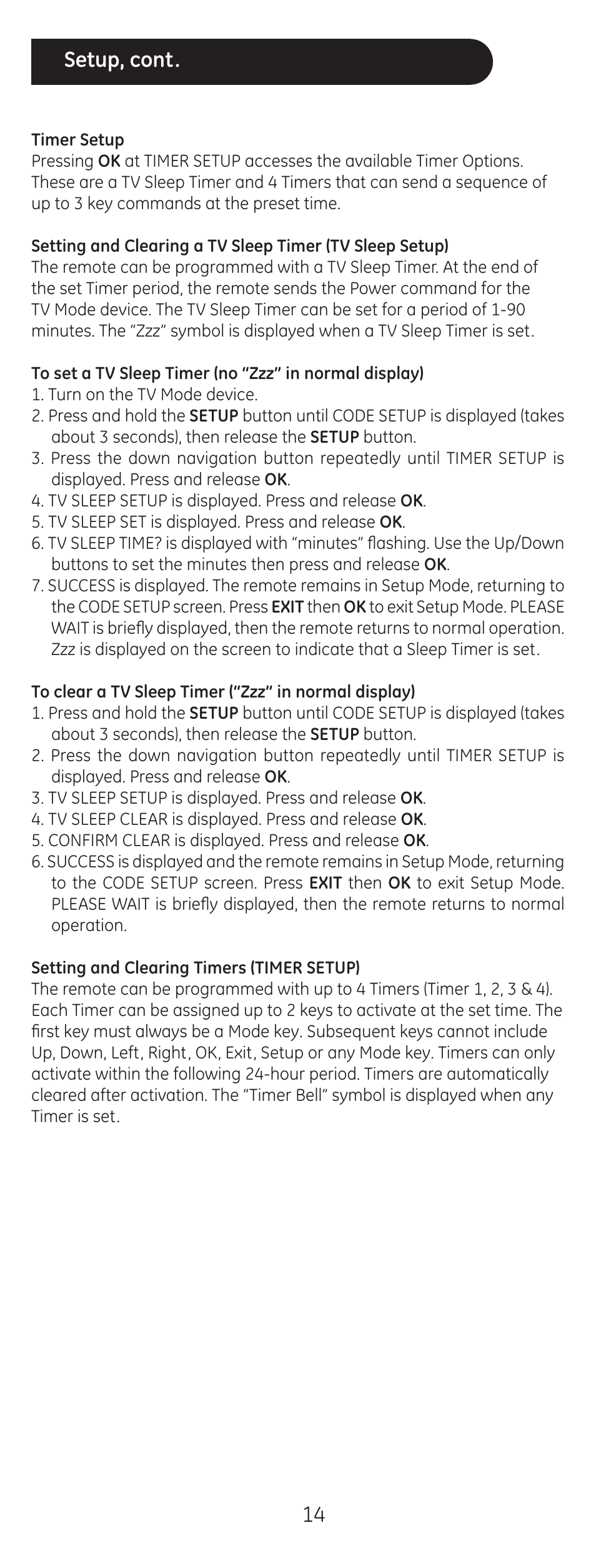 14 setup, cont | GE 24999 User Manual | Page 14 / 21