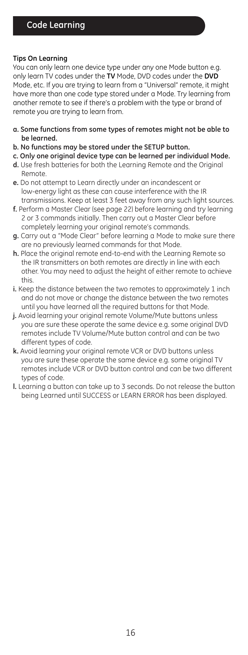 16 code learning | GE 24999 User Manual | Page 16 / 21