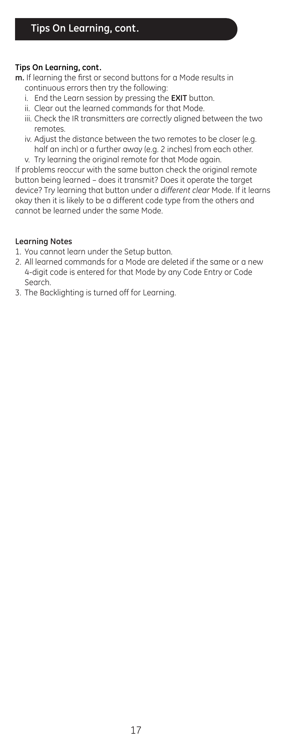 Tips on learning, cont | GE 24999 User Manual | Page 17 / 21