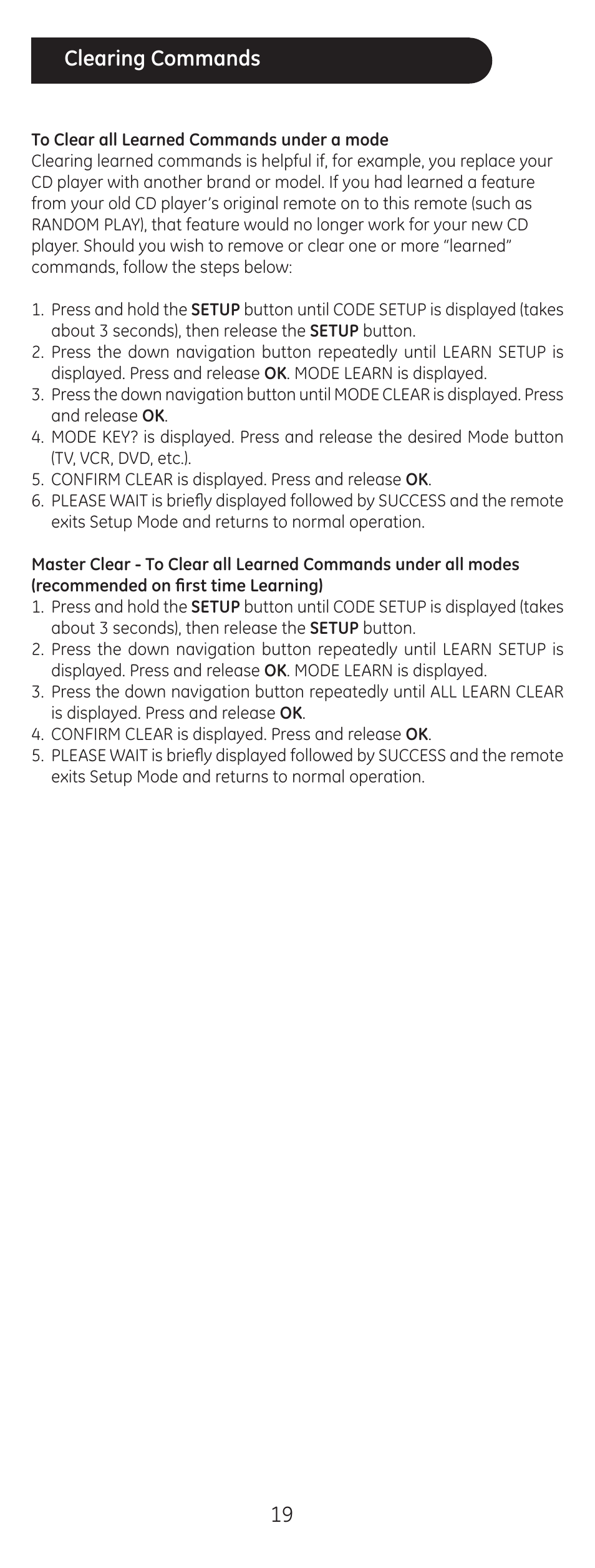 Clearing commands | GE 24999 User Manual | Page 19 / 21