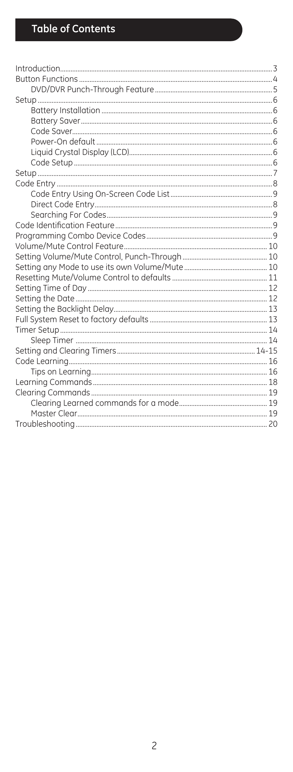 2table of contents | GE 24999 User Manual | Page 2 / 21