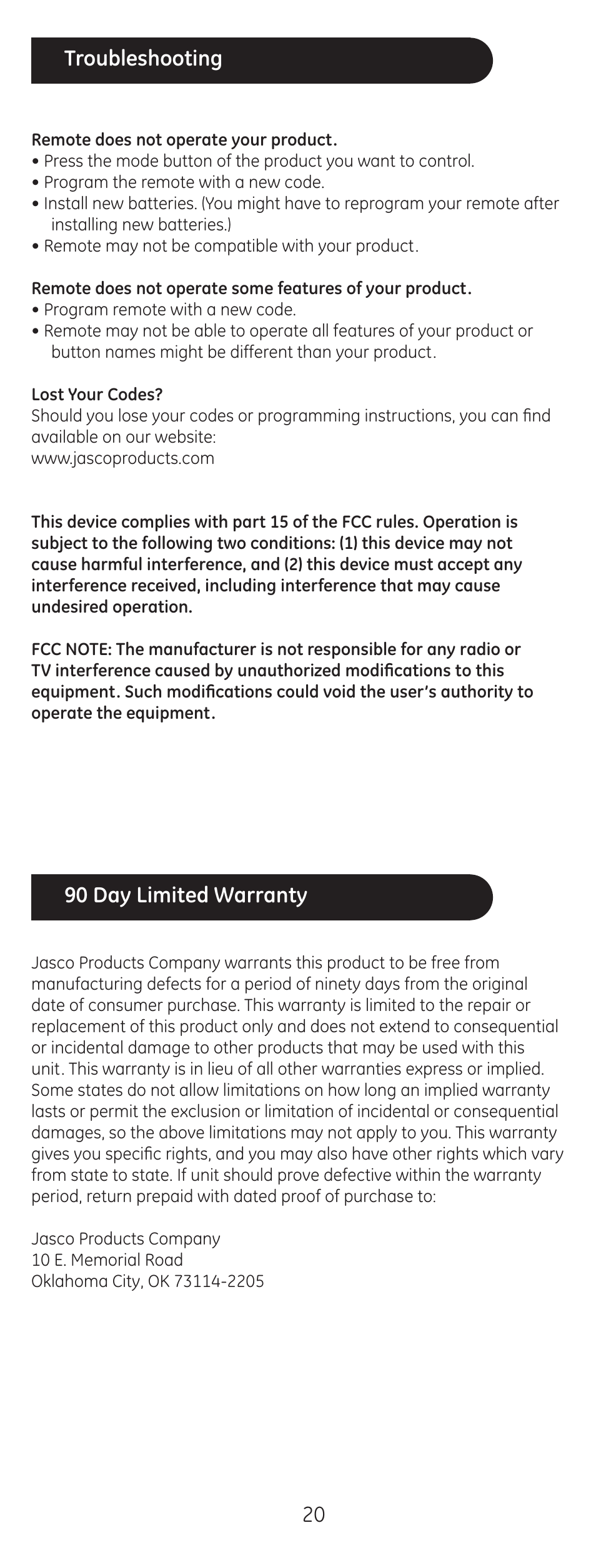 20 troubleshooting, 90 day limited warranty | GE 24999 User Manual | Page 20 / 21