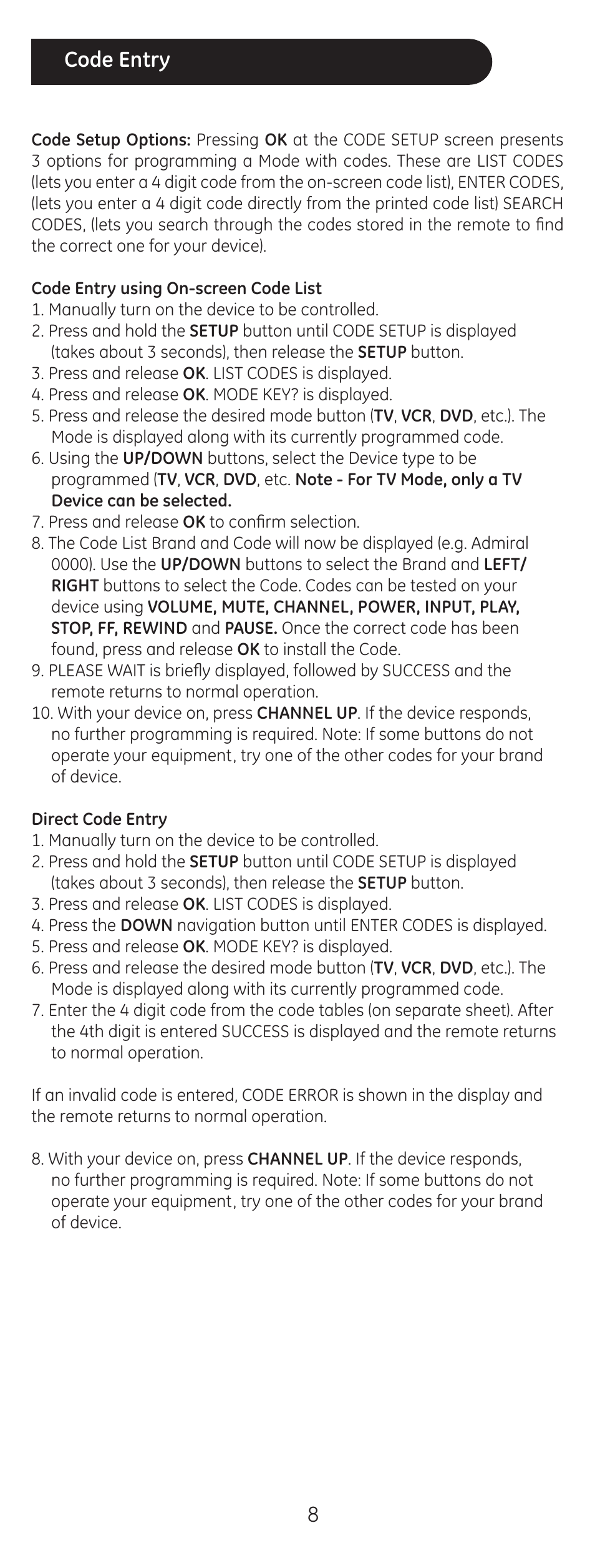 8code entry | GE 24999 User Manual | Page 8 / 21