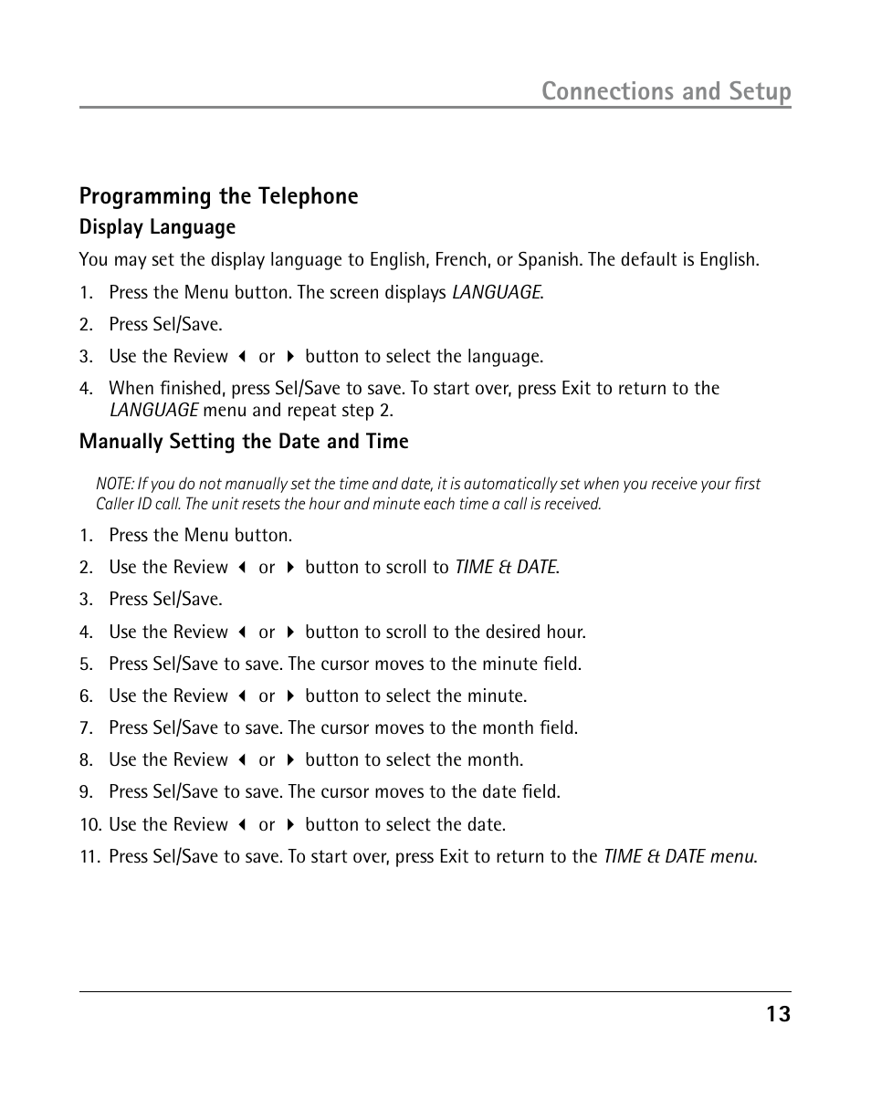 Connections and setup, 13 programming the telephone | GE 25203 User Manual | Page 13 / 40