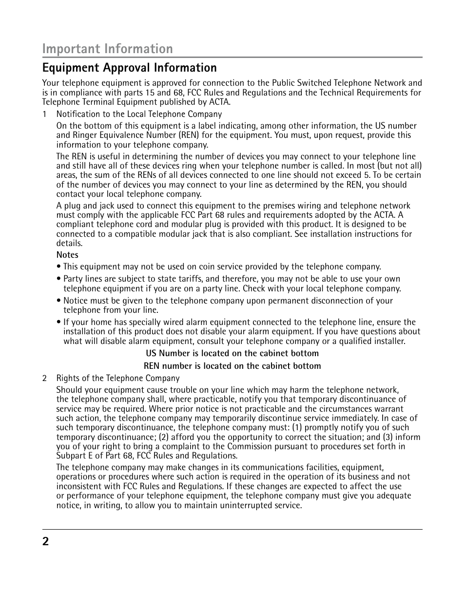 Important information, 2equipment approval information | GE 25203 User Manual | Page 2 / 40