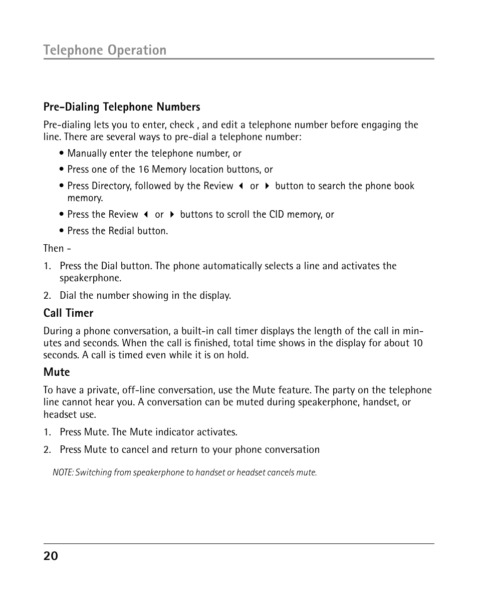 Telephone operation | GE 25203 User Manual | Page 20 / 40