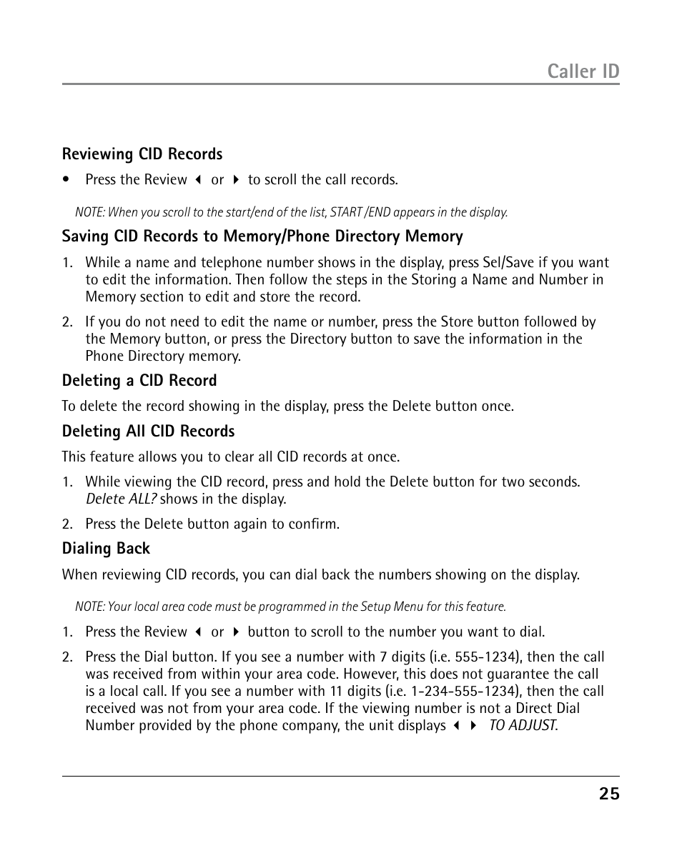 Caller id | GE 25203 User Manual | Page 25 / 40