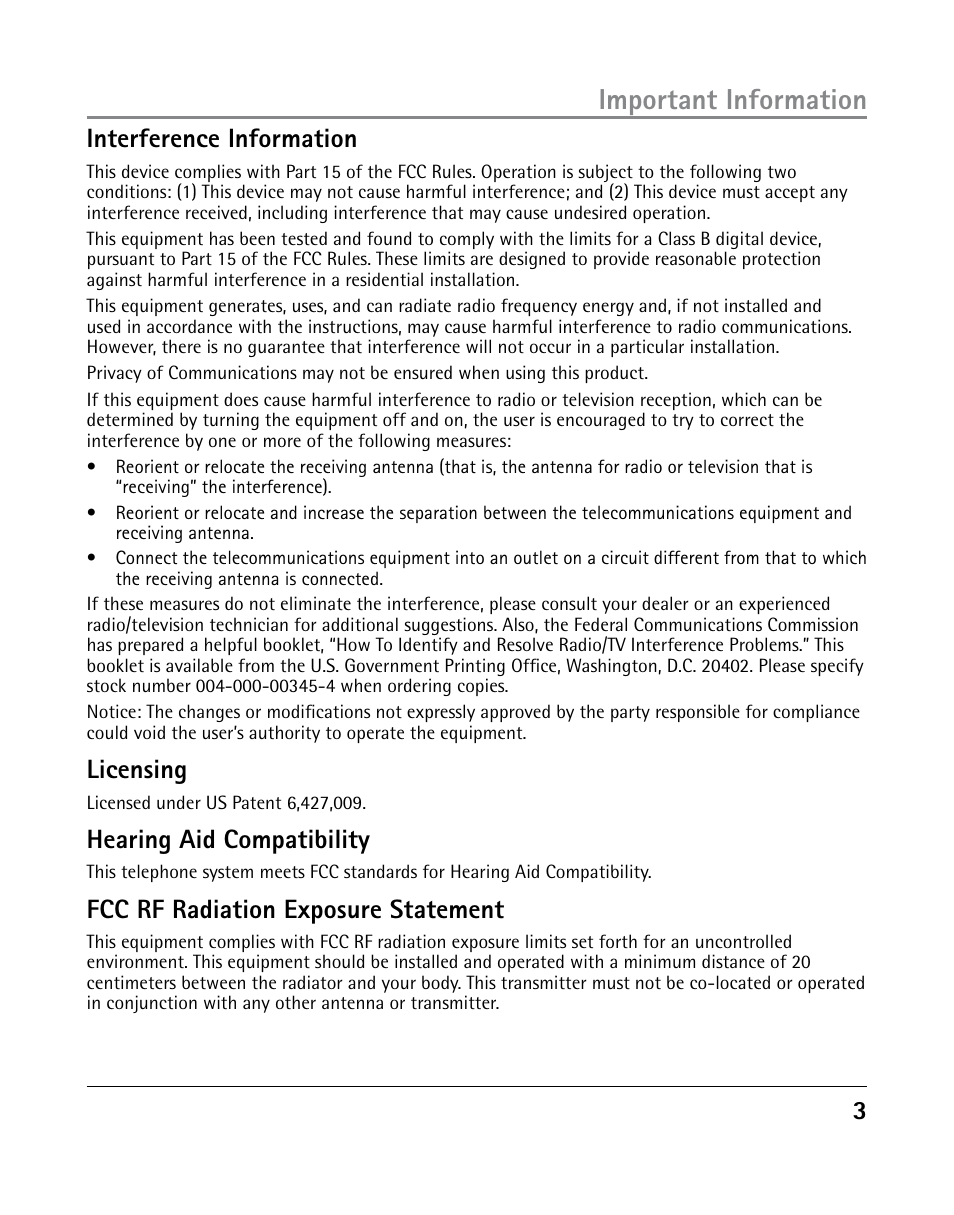 Important information, 3interference information, Licensing | Hearing aid compatibility, Fcc rf radiation exposure statement | GE 25203 User Manual | Page 3 / 40