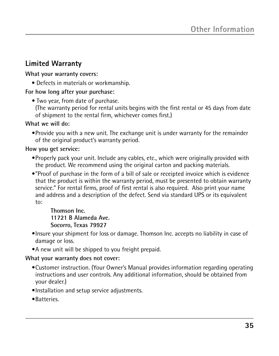 Other information, Limited warranty | GE 25203 User Manual | Page 35 / 40