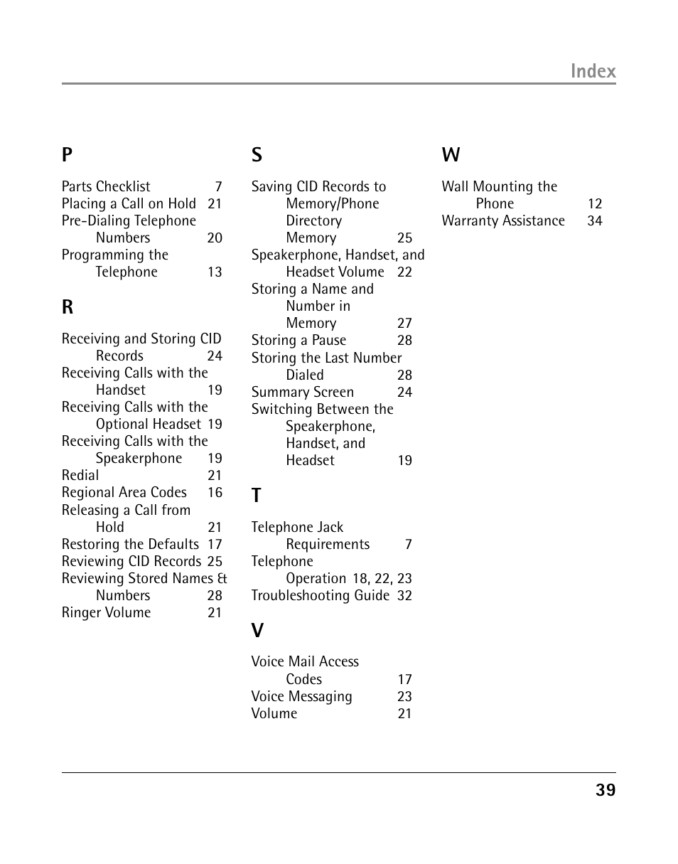 Index p | GE 25203 User Manual | Page 39 / 40