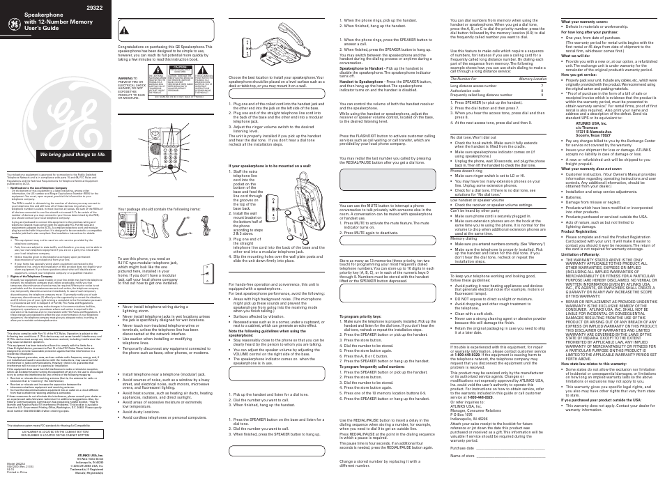 GE 29322A User Manual | 2 pages