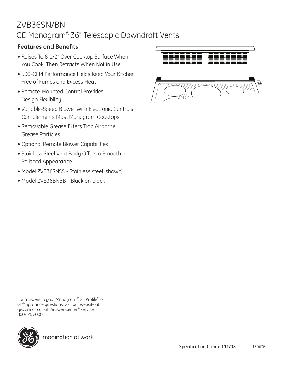 Zvb36sn/bn, Ge monogram, 36" telescopic downdraft vents | Features and benefits | GE Monogram ZVB36BNBB User Manual | Page 4 / 4