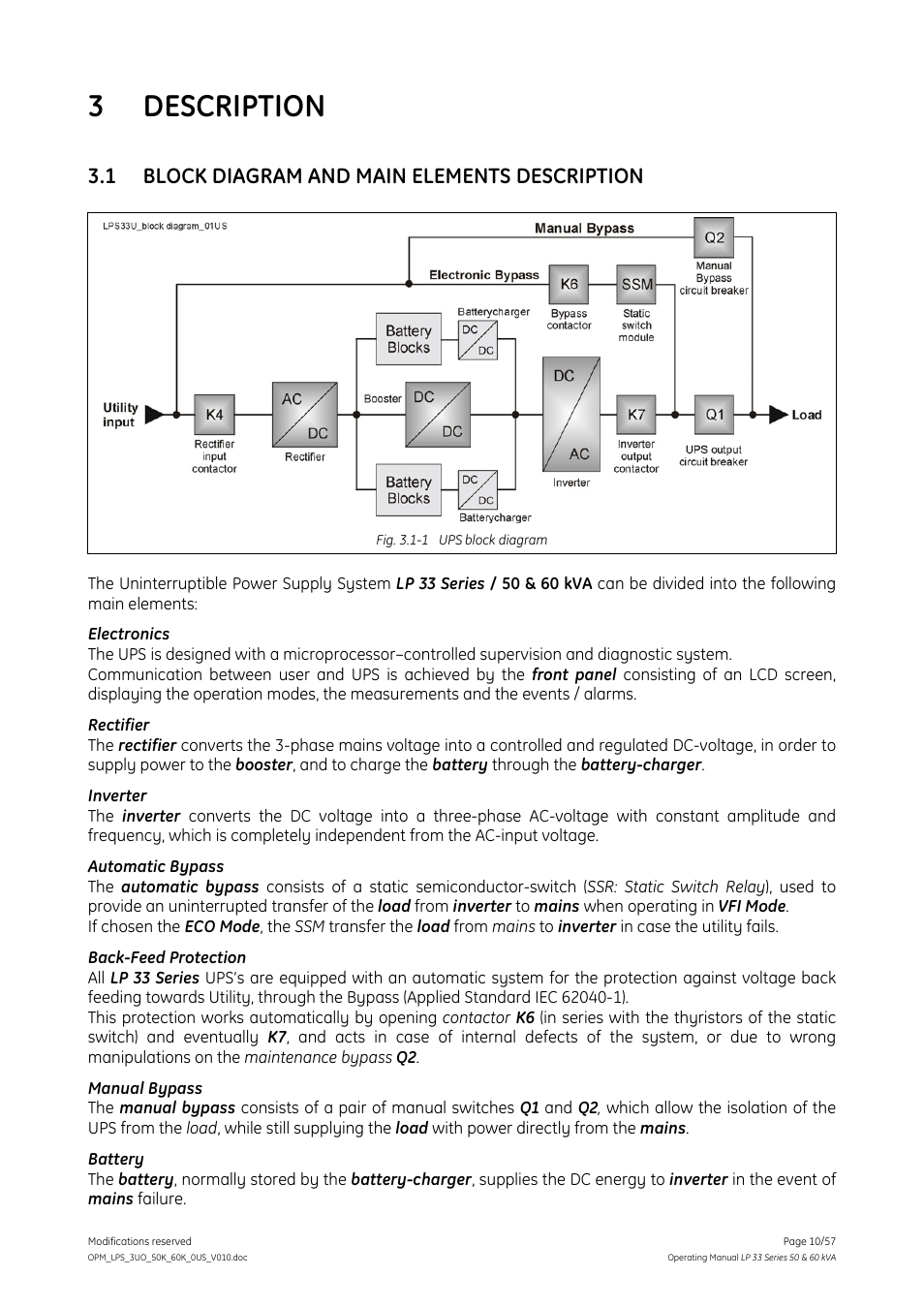 3 description, Block diagram and main elements description, Description | 1 block diagram and main elements description | GE DIGITAL ENERGY LP 33 User Manual | Page 10 / 57