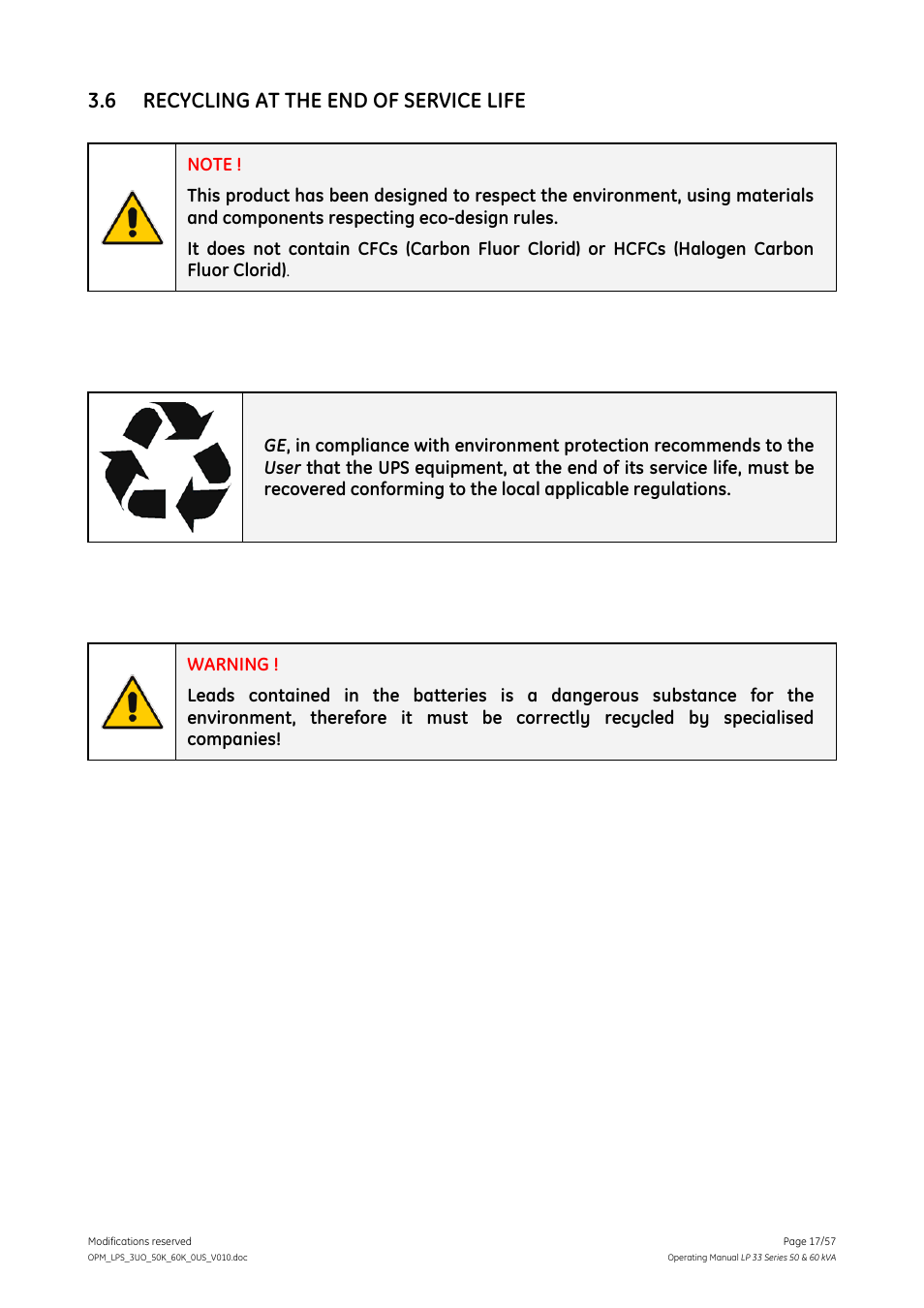 6 recycling at the end of service life, Recycling at the end of service life | GE DIGITAL ENERGY LP 33 User Manual | Page 17 / 57