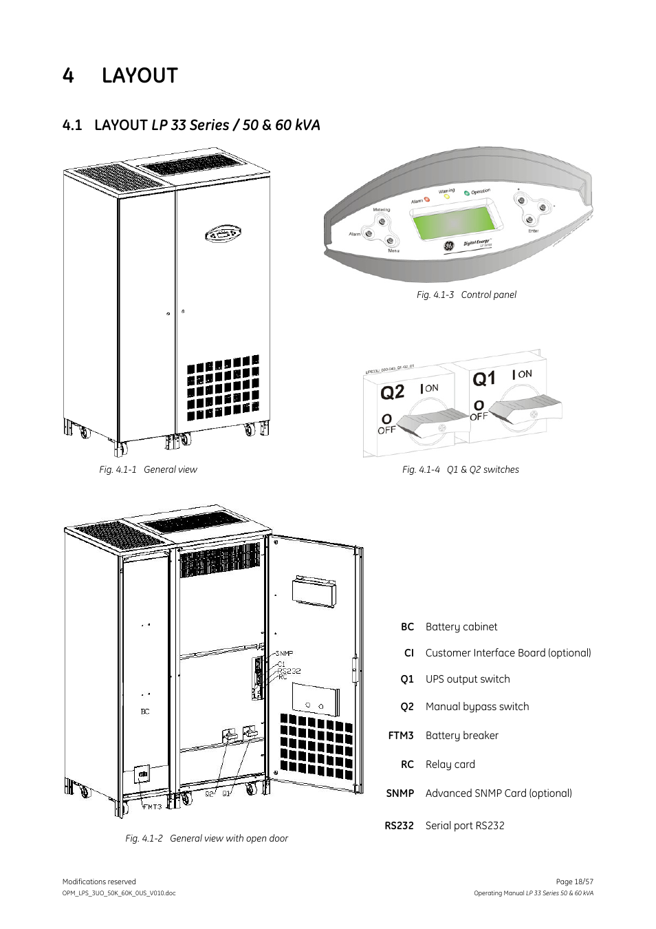 4 layout, 1 layout lp 33 series / 50 & 60 kva, Layout | Layout lp 33 series / 50 & 60 kva | GE DIGITAL ENERGY LP 33 User Manual | Page 18 / 57