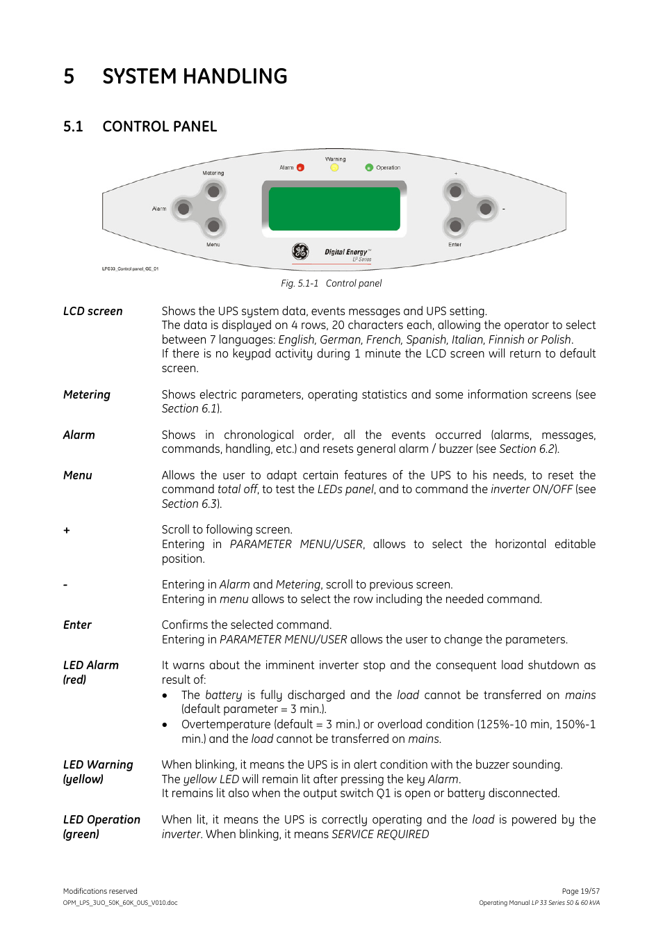 5 system handling, 1 control panel, System handling | Control panel | GE DIGITAL ENERGY LP 33 User Manual | Page 19 / 57