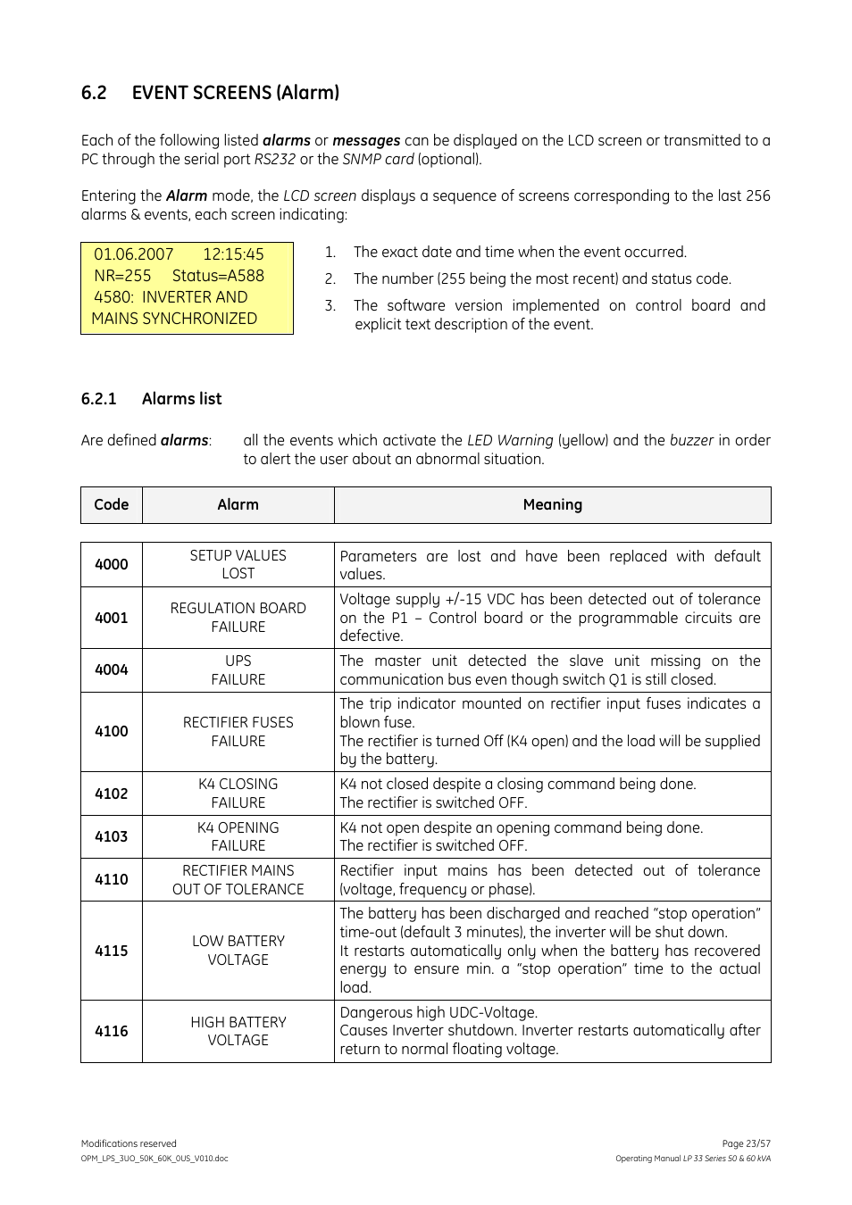 2 event screens (alarm), 1 alarms list, Event screens (alarm) | Alarms list | GE DIGITAL ENERGY LP 33 User Manual | Page 23 / 57
