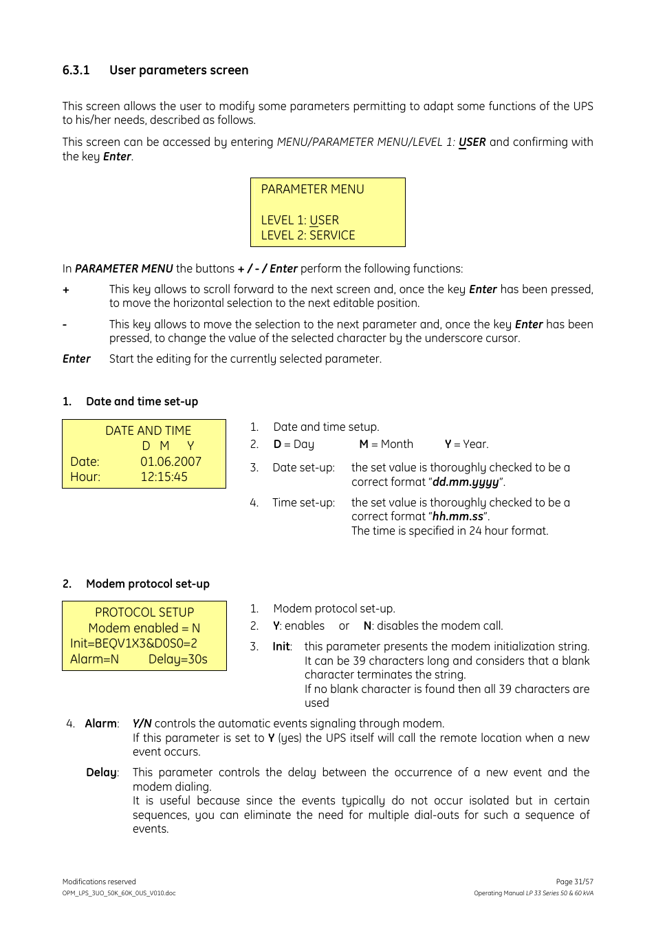 1 user parameters screen, User parameters screen | GE DIGITAL ENERGY LP 33 User Manual | Page 31 / 57