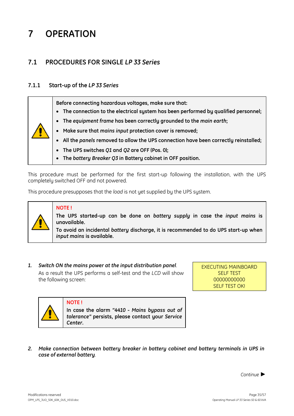 7 operation, 1 procedures for single lp 33 series, 1 start-up of the lp 33 series | Operation, Procedures for single lp 33 series, Start-up of the lp 33 series | GE DIGITAL ENERGY LP 33 User Manual | Page 35 / 57