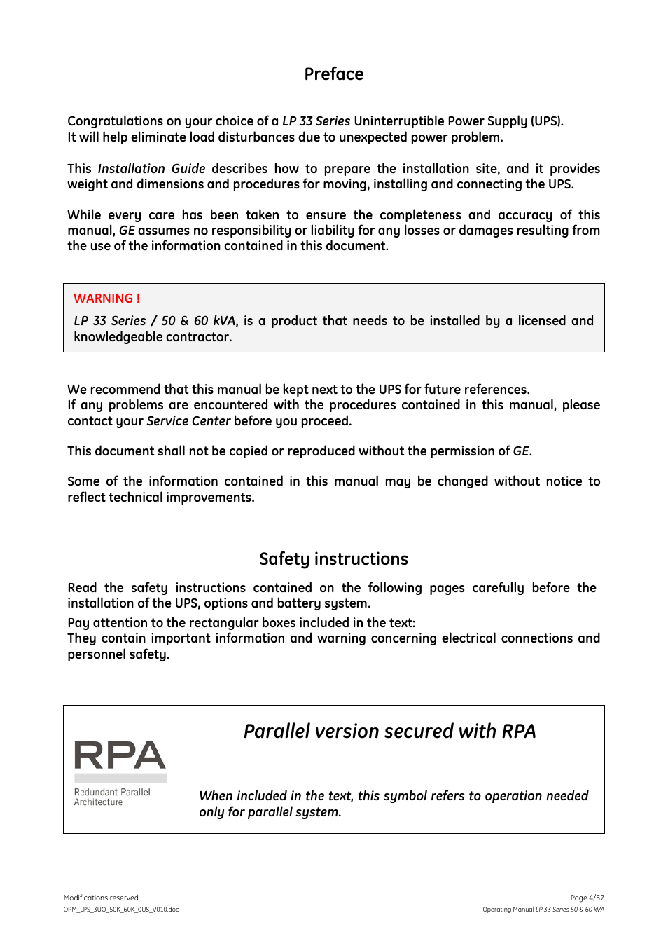 Parallel version secured with rpa, Preface, Safety instructions | GE DIGITAL ENERGY LP 33 User Manual | Page 4 / 57