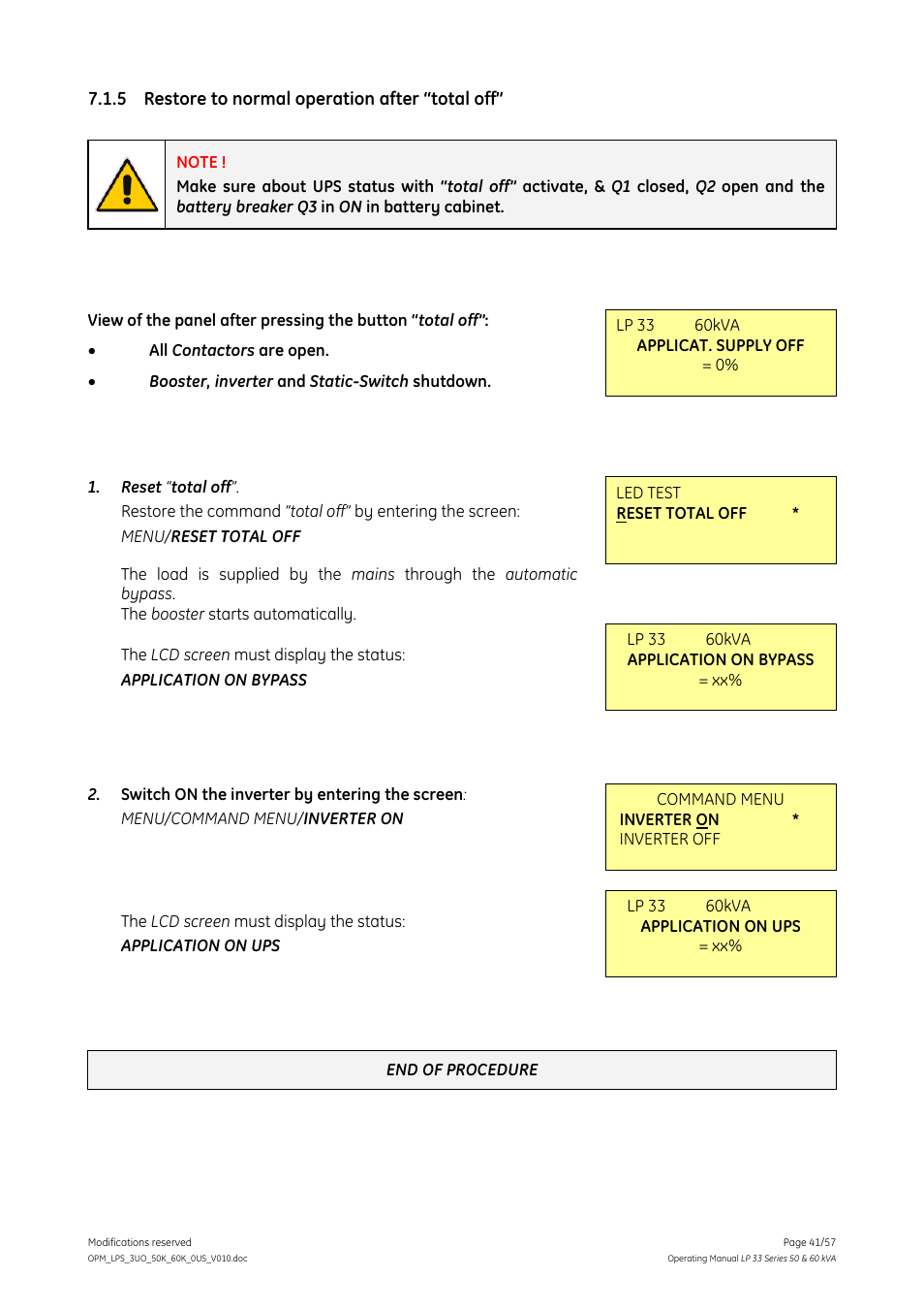 5 restore to normal operation after “total off, Restore to normal operation after “total off | GE DIGITAL ENERGY LP 33 User Manual | Page 41 / 57
