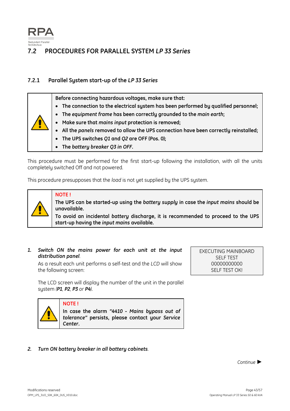 2 procedures for parallel system lp 33 series, 1 parallel system start-up of the lp 33 series, Procedures for parallel system lp 33 series | Parallel system start-up of the lp 33 series | GE DIGITAL ENERGY LP 33 User Manual | Page 43 / 57