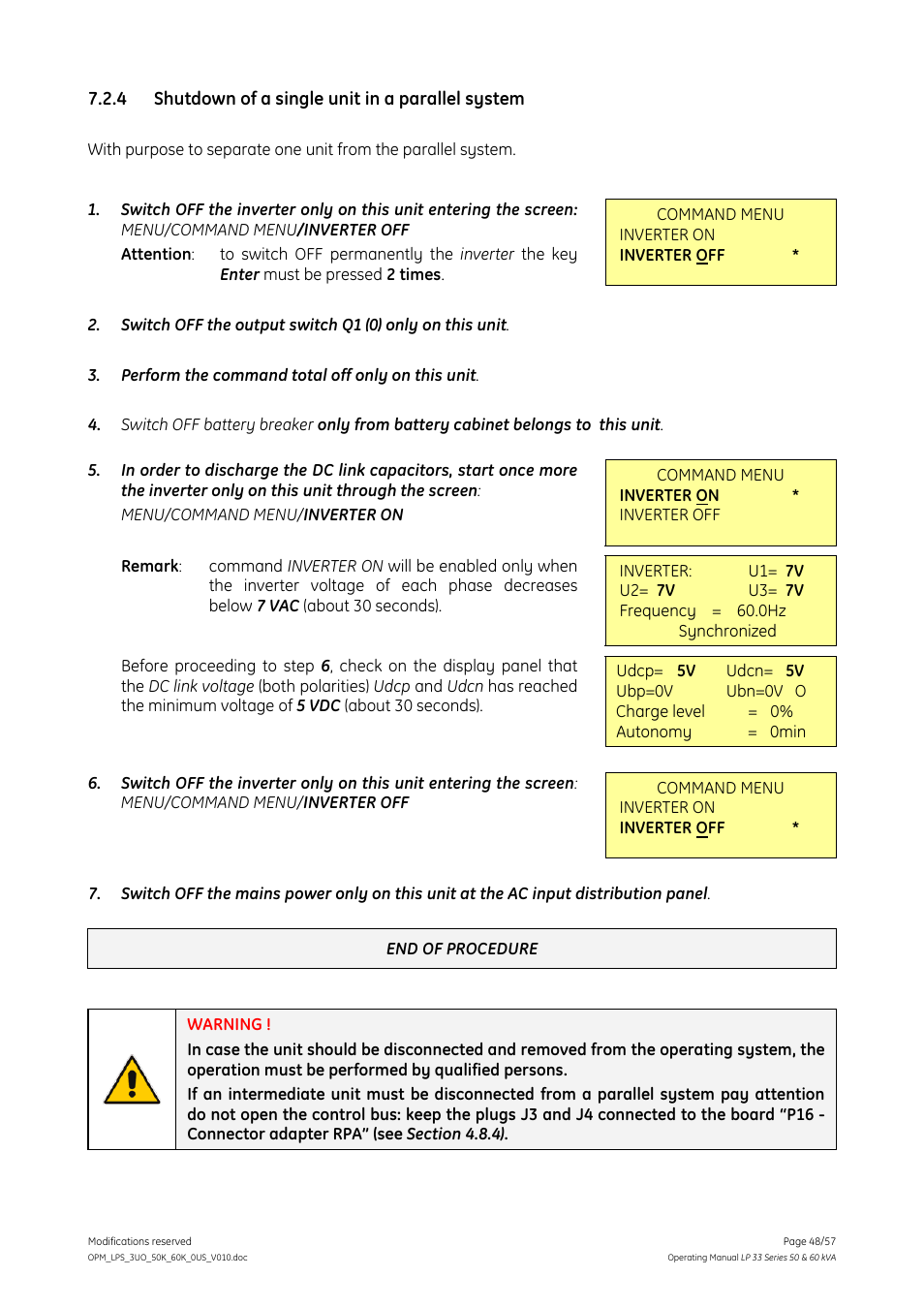 4 shutdown of a single unit in a parallel system, Shutdown of a single unit in a parallel system | GE DIGITAL ENERGY LP 33 User Manual | Page 48 / 57