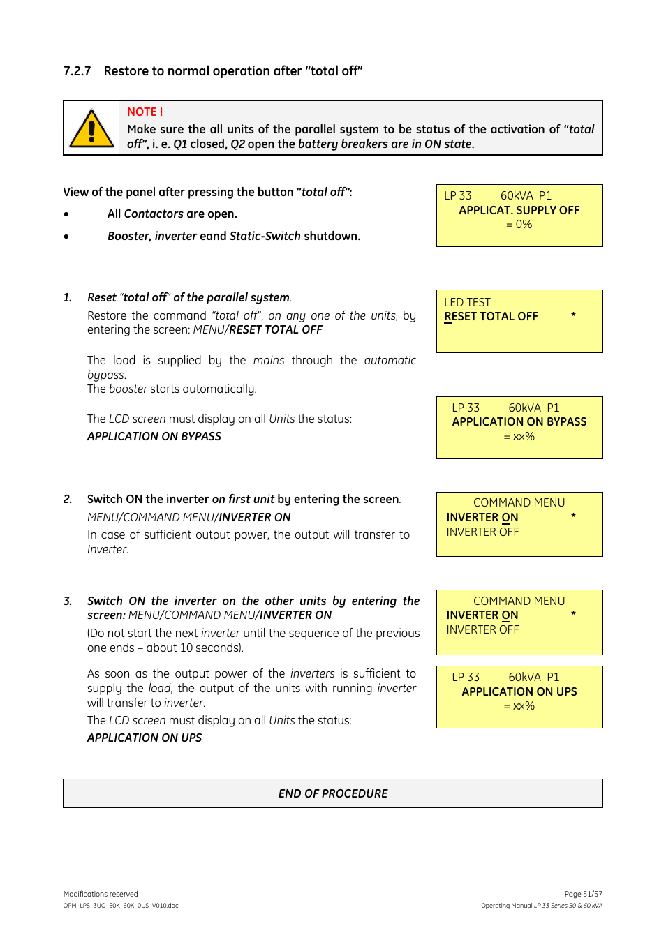 7 restore to normal operation after “total off, Restore to normal operation after “total off | GE DIGITAL ENERGY LP 33 User Manual | Page 51 / 57