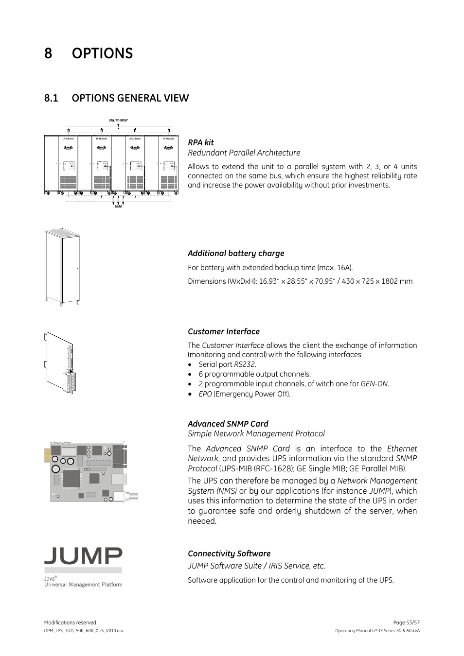8 options, 1 options general view, Options | Options general view, Rpa kit redundant parallel architecture, Additional battery charge, Customer interface | GE DIGITAL ENERGY LP 33 User Manual | Page 53 / 57
