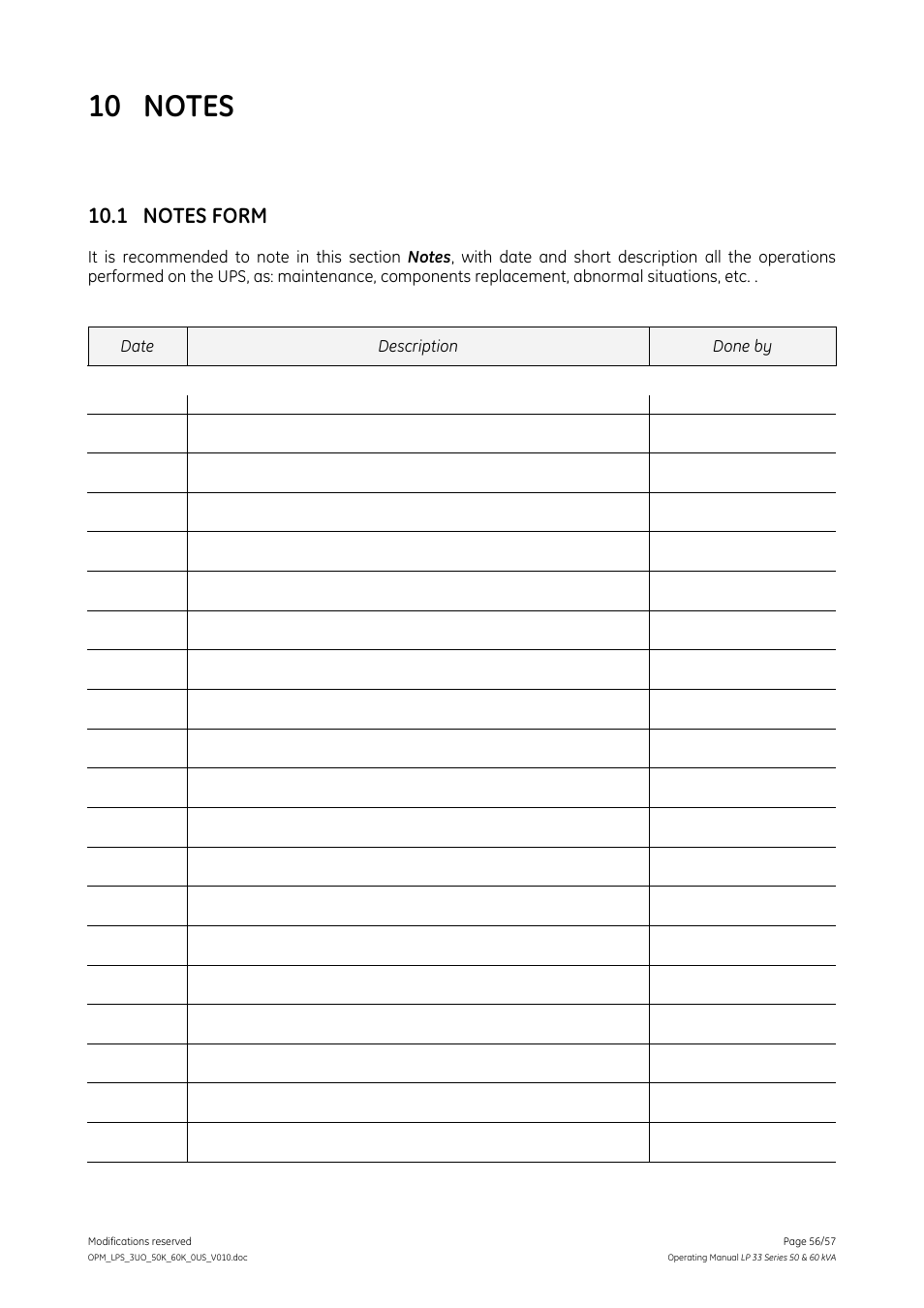 10 notes, 1 notes form, Notes | Notes form | GE DIGITAL ENERGY LP 33 User Manual | Page 56 / 57