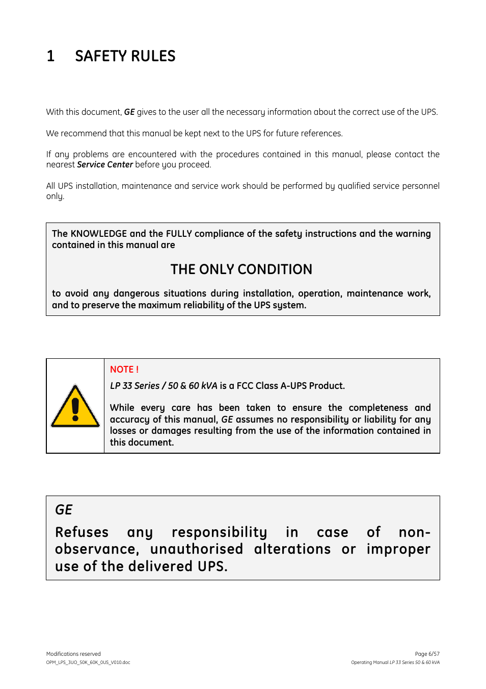 Safety rules, 1 safety rules, The only condition | GE DIGITAL ENERGY LP 33 User Manual | Page 6 / 57