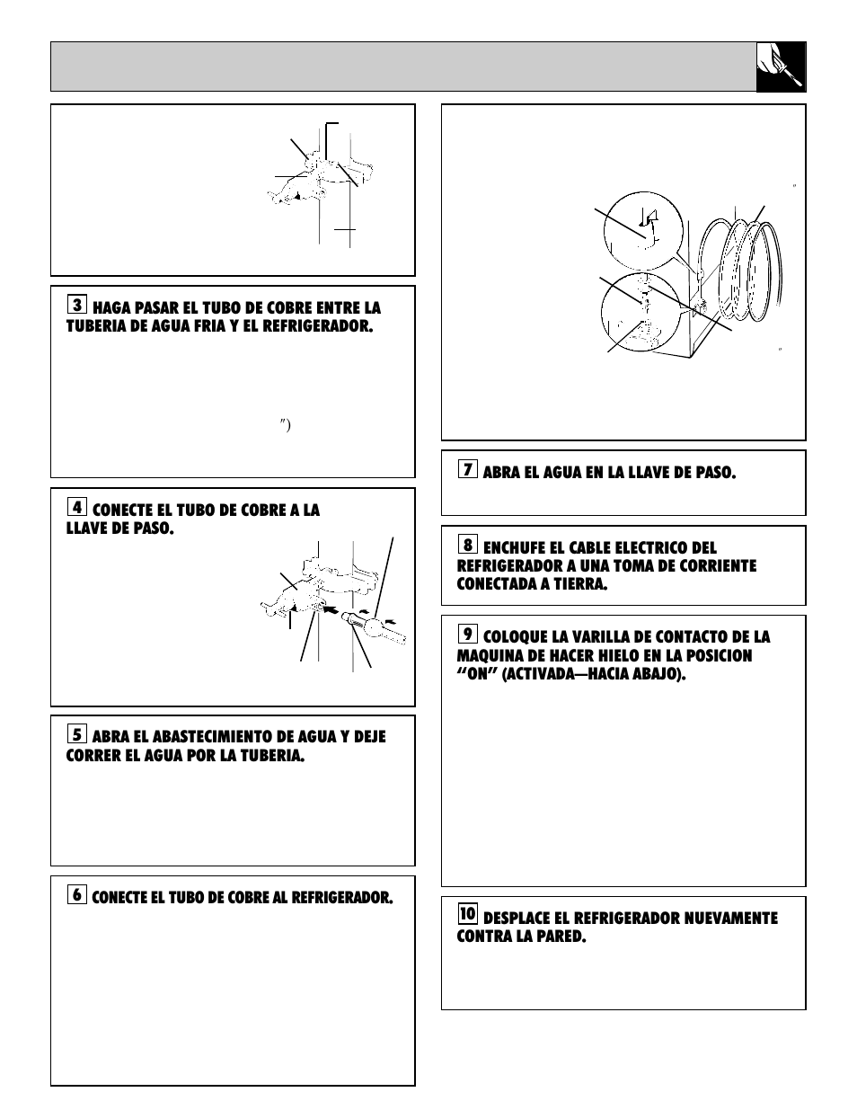 Conecte el tubo de cobre a la llave de paso, 5conecte el tubo de cobre al refrigerador, Abra el agua en la llave de paso | GE 162D7740P005 User Manual | Page 33 / 40