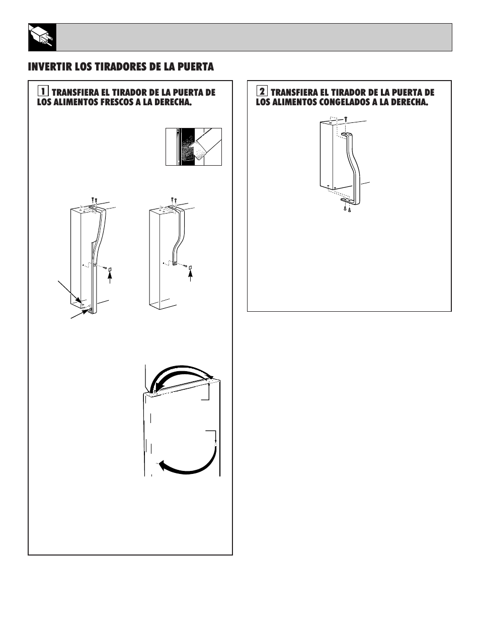16 para cambiar el modo de apertura de la puerta, Invertir los tiradores de la puerta | GE 162D7740P005 User Manual | Page 36 / 40