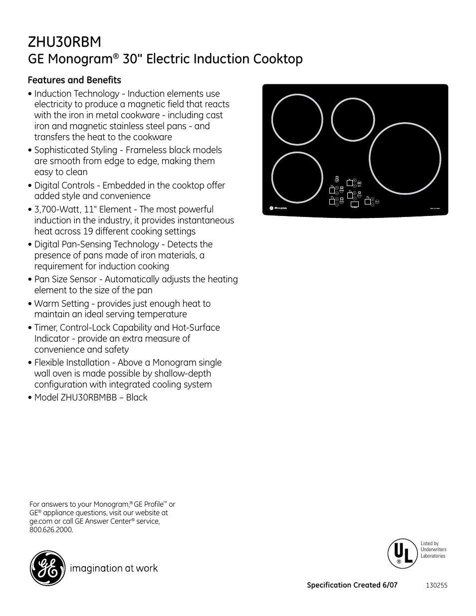 Zhu30rbm, Ge monogram, 30" electric induction cooktop | GE ZHU30RBM User Manual | Page 2 / 2