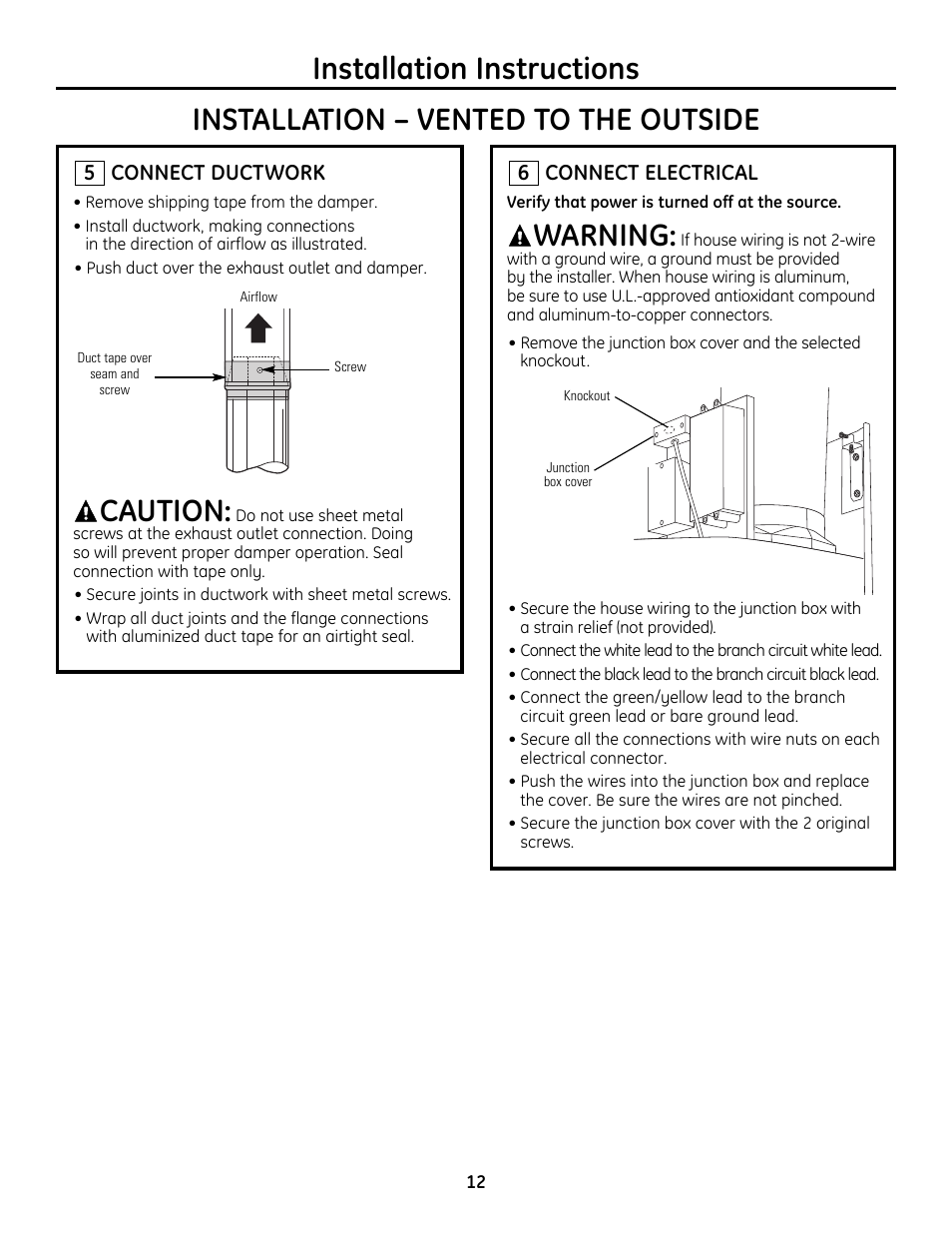 Connect ductwork, Step 6, connect electrical, Caution | Warning | GE Monogram ZV755 User Manual | Page 12 / 56