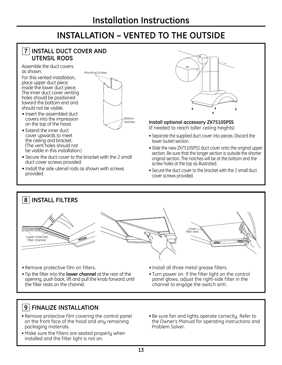 Step 7, install duct cover and utensil rods, Step 8, install filters, Step 9, finalize installation | Install duct cover and utensil rods, Install filters, Finalize installation | GE Monogram ZV755 User Manual | Page 13 / 56