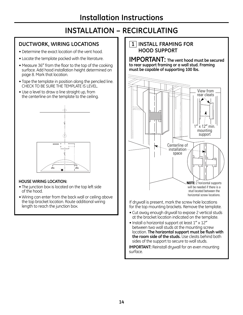 Installation instructions, Installation – recirculating, Step 1, install framing for hood support | Important, Ductwork, wiring locations, Install framing for hood support | GE Monogram ZV755 User Manual | Page 14 / 56