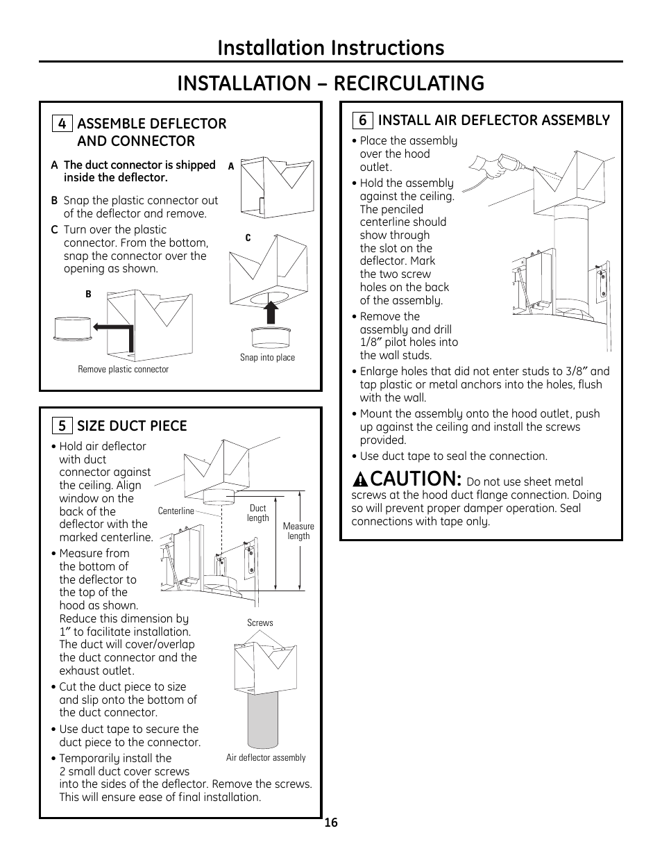 Step 4, assemble deflector and connector, Step 5, size duct piece, Step 6, install air deflector assembly | Caution, Assemble deflector and connector, 4install air deflector assembly, 6size duct piece | GE Monogram ZV755 User Manual | Page 16 / 56