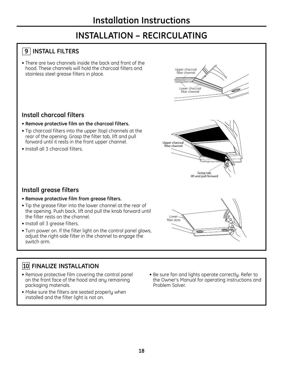 Step 9, install filters, Step 10, finalize installation, Install filters | Install charcoal filters, Install grease filters, Finalize installation | GE Monogram ZV755 User Manual | Page 18 / 56