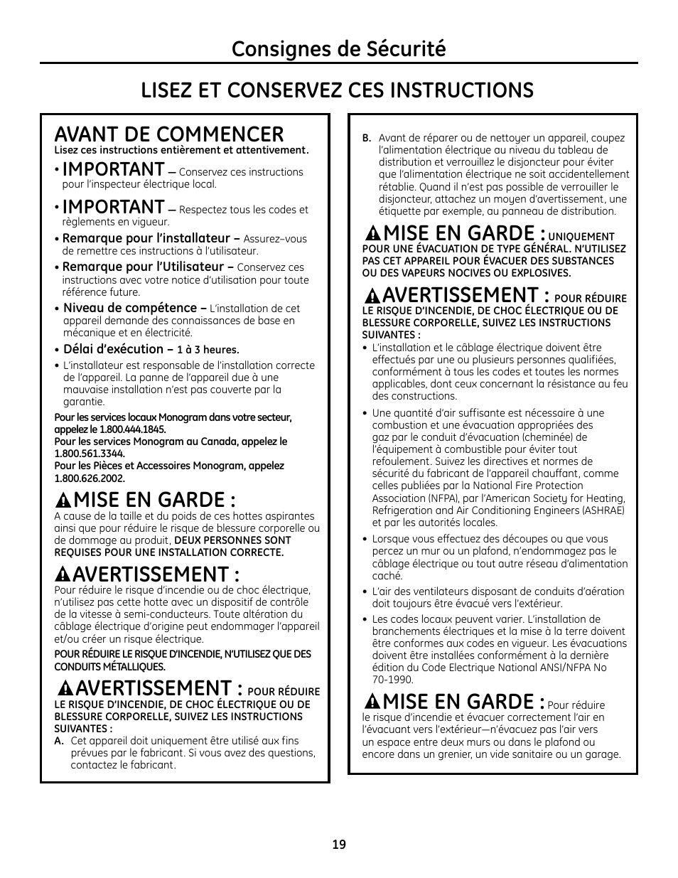 10724-1 french, Consignes de sécurité avant de commencer, Mise en garde | Avertissement, Lisez et conservez ces instructions, Important | GE Monogram ZV755 User Manual | Page 19 / 56