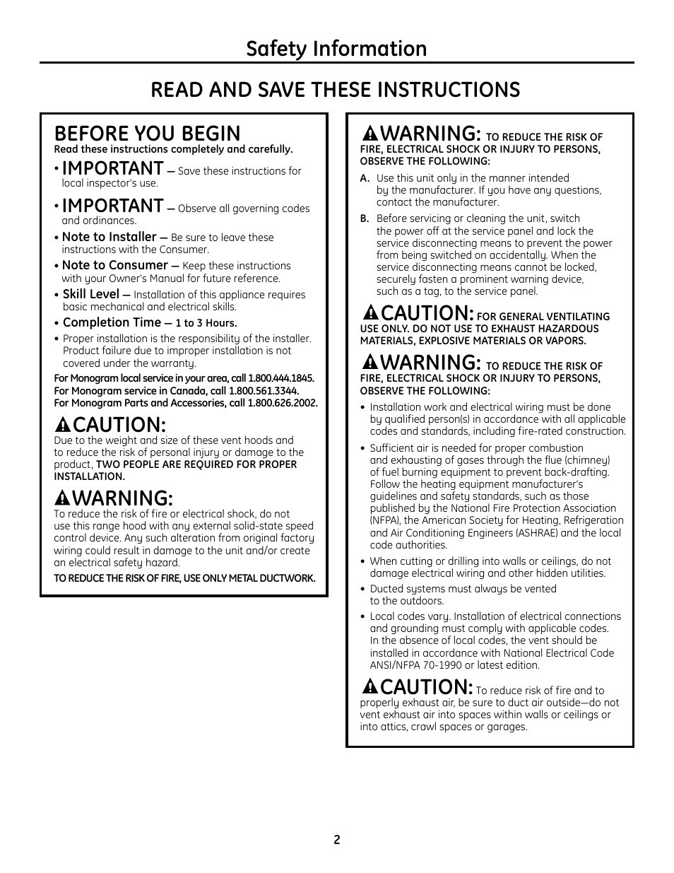 Safety information before you begin, Caution, Warning | Read and save these instructions, Important | GE Monogram ZV755 User Manual | Page 2 / 56