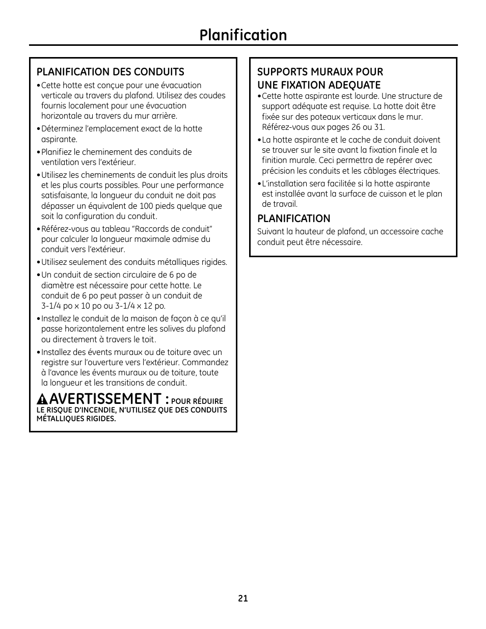 Planification, Planification des conduits, Supports muraux pour une fixation adéquate | Avertissement | GE Monogram ZV755 User Manual | Page 21 / 56