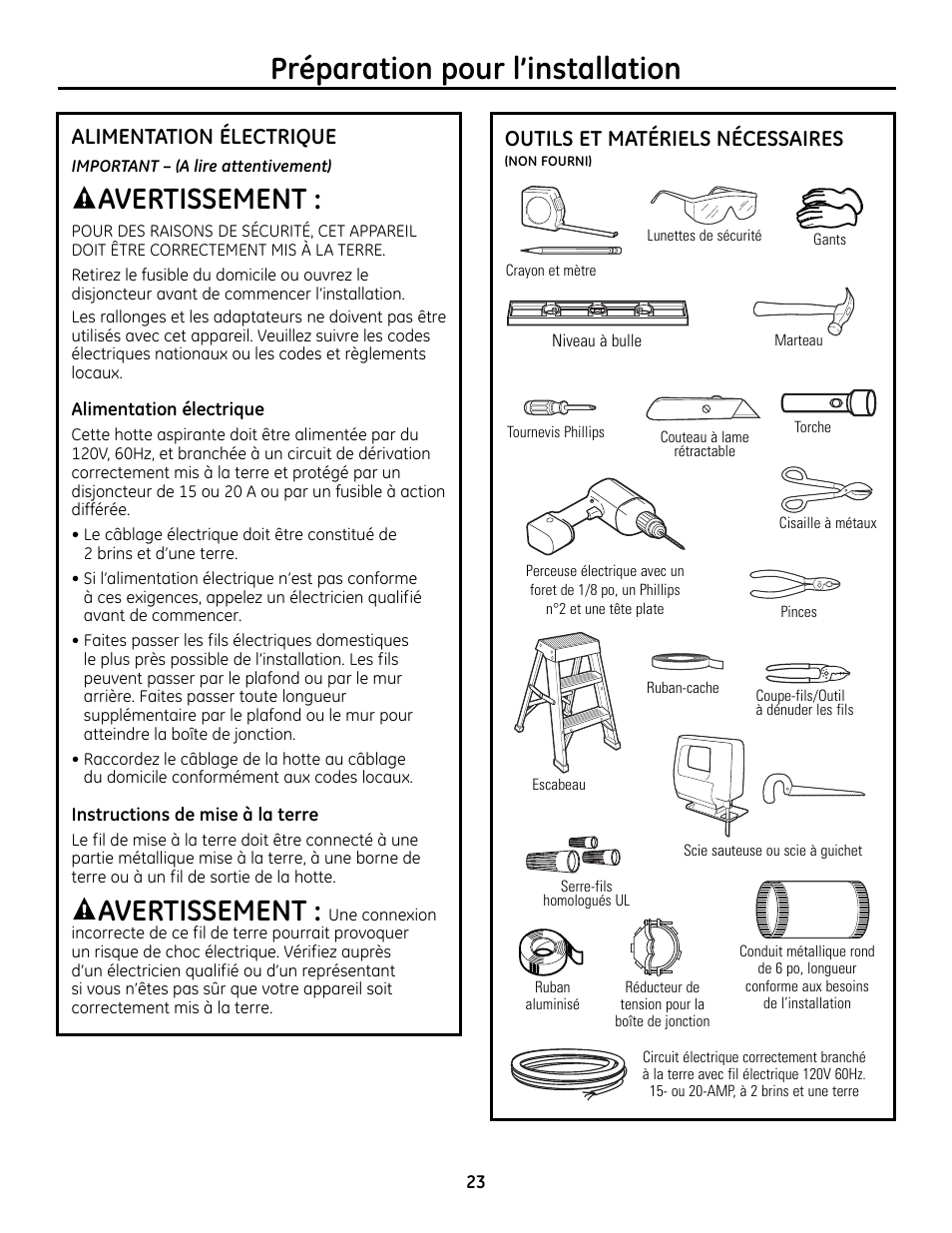 Alimentation électrique, Outils et matériels nécessaires, Préparation pour l’installation | Avertissement | GE Monogram ZV755 User Manual | Page 23 / 56